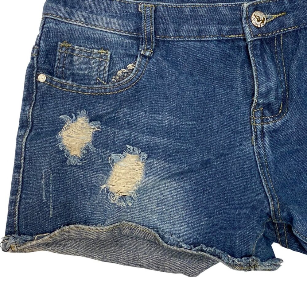 Jeans Low Rise Y2K Style Distressed Cut-Off Raw Hem Denim Blue Jean Shorts Sz 33 - Picture 4 of 9